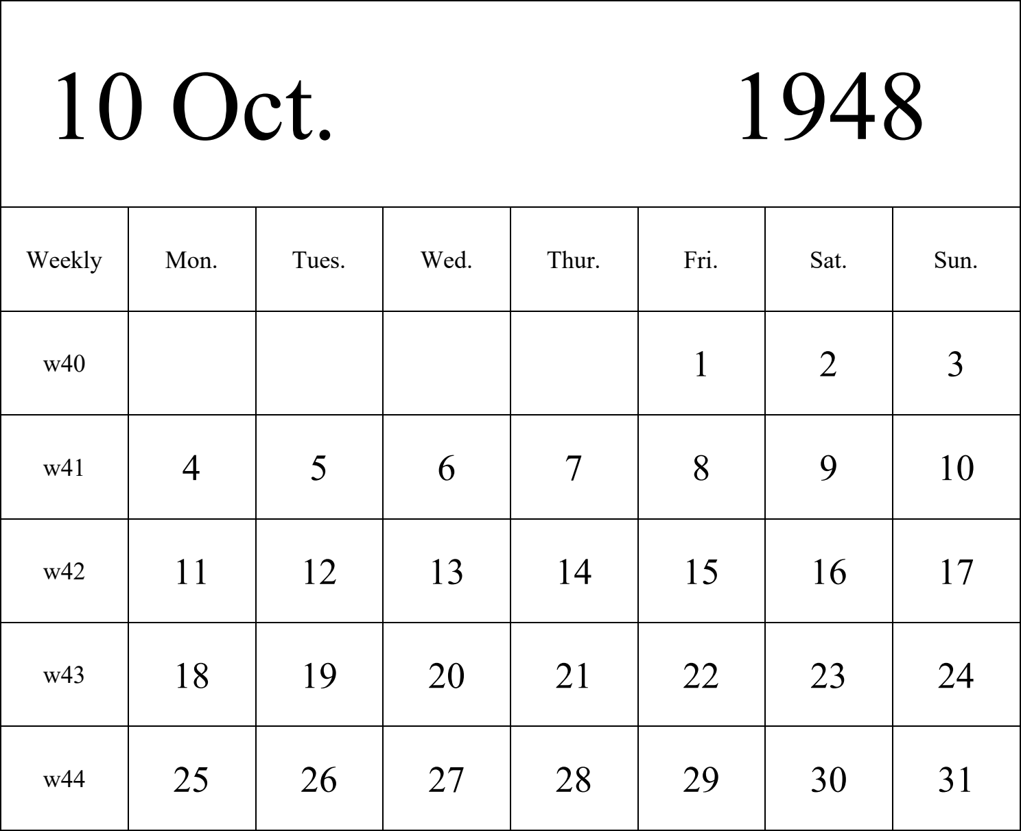 日历表1948年日历 英文版 纵向排版 周一开始 带周数 带节假日调休安排